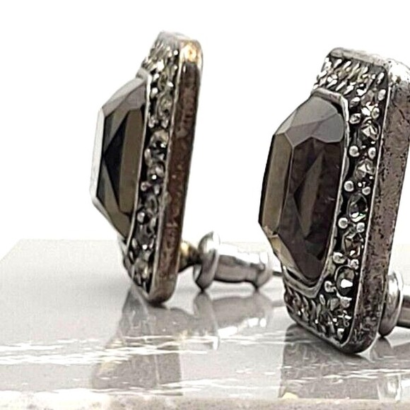 Vintage Golden-Green Stone Framed in Rhinestones Set in Silvertone Post Earrings - Picture 3 of 5